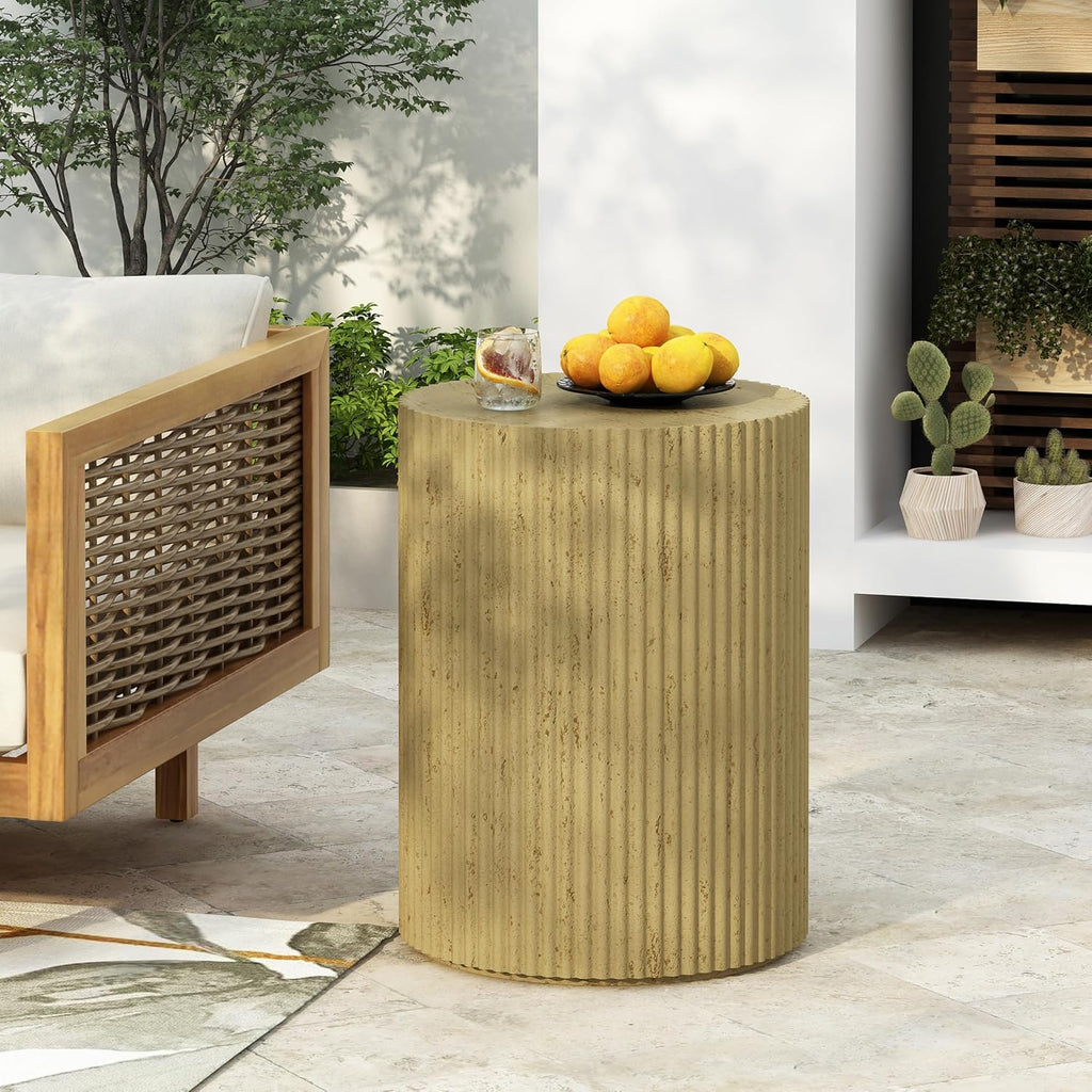 Round Outdoor Side Table: MGO Cylindrical Patio Table with Wood-Like Texture & Antique Brown Finish for Patio Balcony & Garden - Rustic Accent Table for Outdoor Indoor Use by Adults
