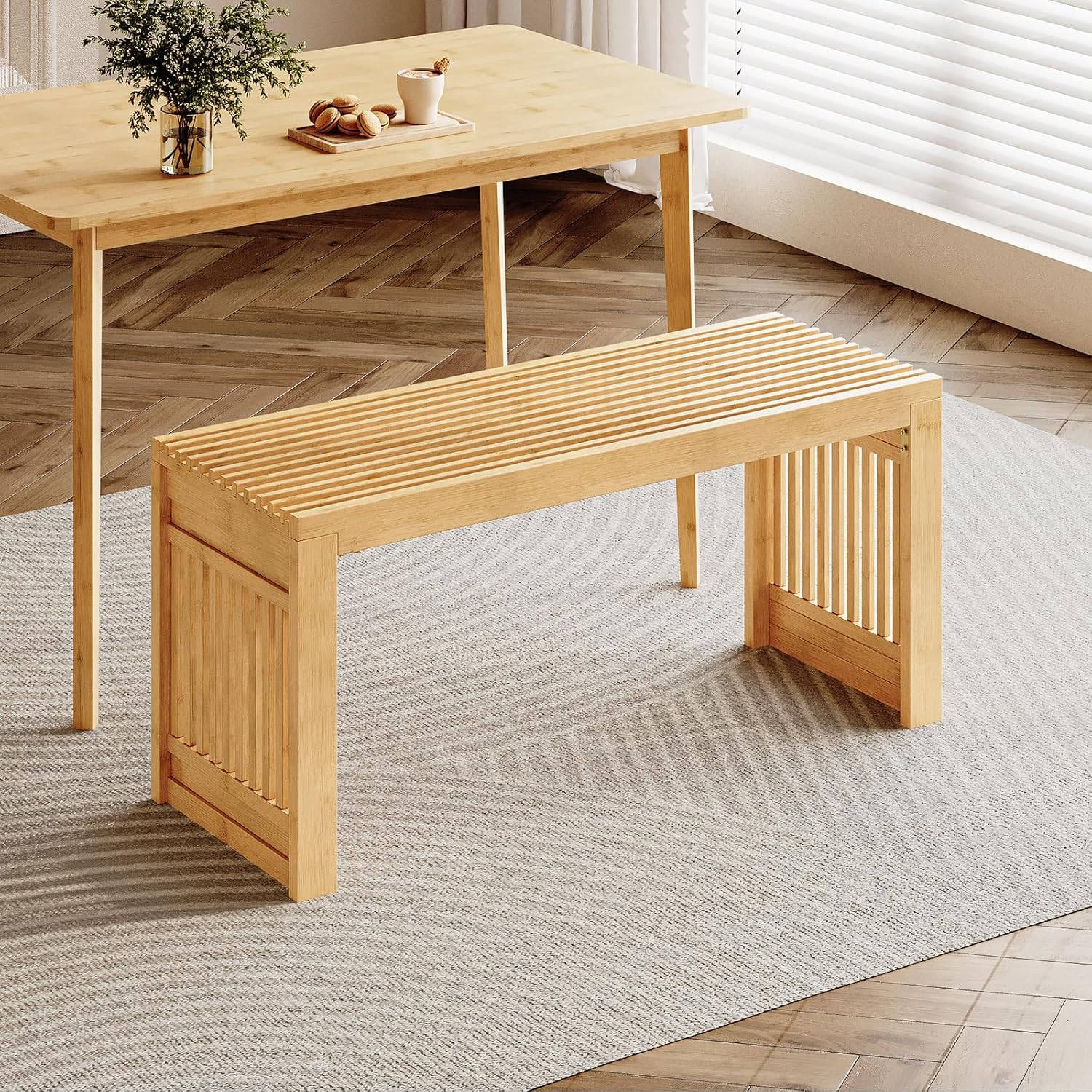 HOOBRO Bamboo Dining Bench, 35 inch Farmhouse Kitchen Table Bench, Solid Bamboo Dining Room Bench for Kitchen, Living Room, Hallway, Bedroom, Natural YL16CD01