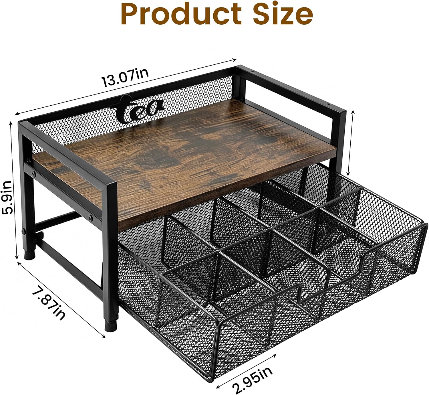 2 Tier Tea Bag Organizer - 8 Drawer Sliding Tea Box Organizer, Tea Bar Accessories Organizer for Countertop, Bar Station, Kitchen (Rustic Brown)
