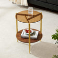 Round End Table, Mid-Century Modern Design, D20*H23 inch, for Living Room, 2-Tier Structure, Amber Glass Top and Walnut MDF Shelf, Sleek Conical Metal Legs with Gold Finish