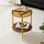 Round End Table, Mid-Century Modern Design, D20*H23 inch, for Living Room, 2-Tier Structure, Amber Glass Top and Walnut MDF Shelf, Sleek Conical Metal Legs with Gold Finish