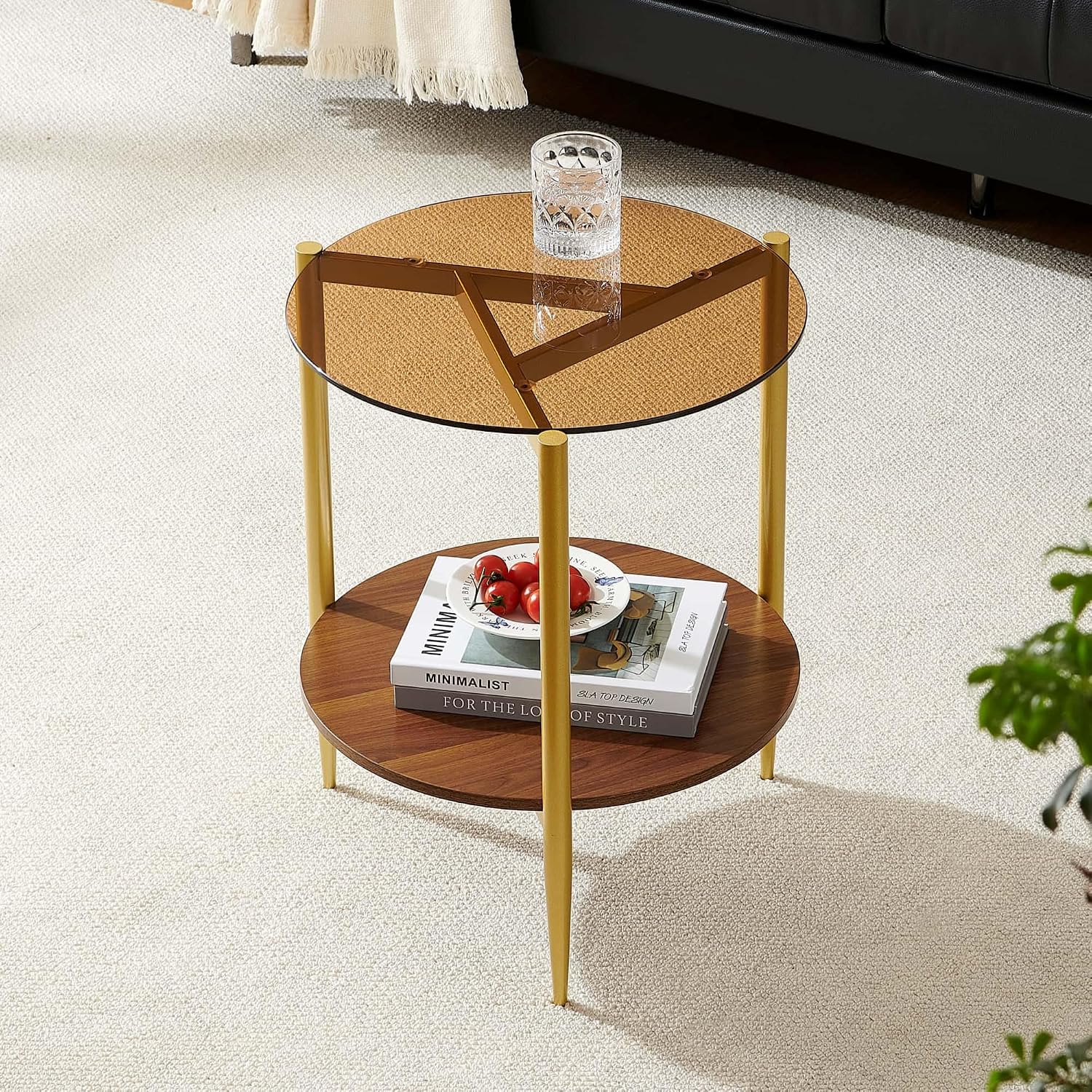 Round End Table, Mid-Century Modern Design, D20*H23 inch, for Living Room, 2-Tier Structure, Amber Glass Top and Walnut MDF Shelf, Sleek Conical Metal Legs with Gold Finish