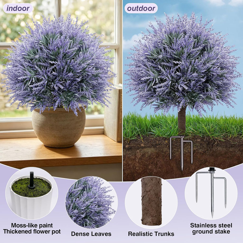 25.6" Artificial Lavender Topiary Ball with Pots, Rust-Proof Coated Metal Ground Spikes, UV-Resistant & Fade-Proof Faux Shrub for Porch, Indoor, Outdoor & Pathway Decor (2 Pcs)