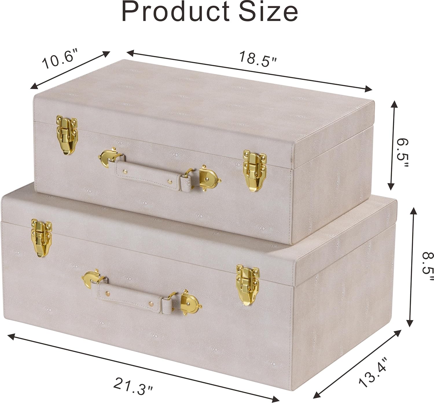 Sagala Set of 2 Large Decorative Storage Trunks, Beige Shagreen StorageTrunks And Chests with Handle, Faux Leather Large Storage Boxes for Home Organization Decor (Beige)