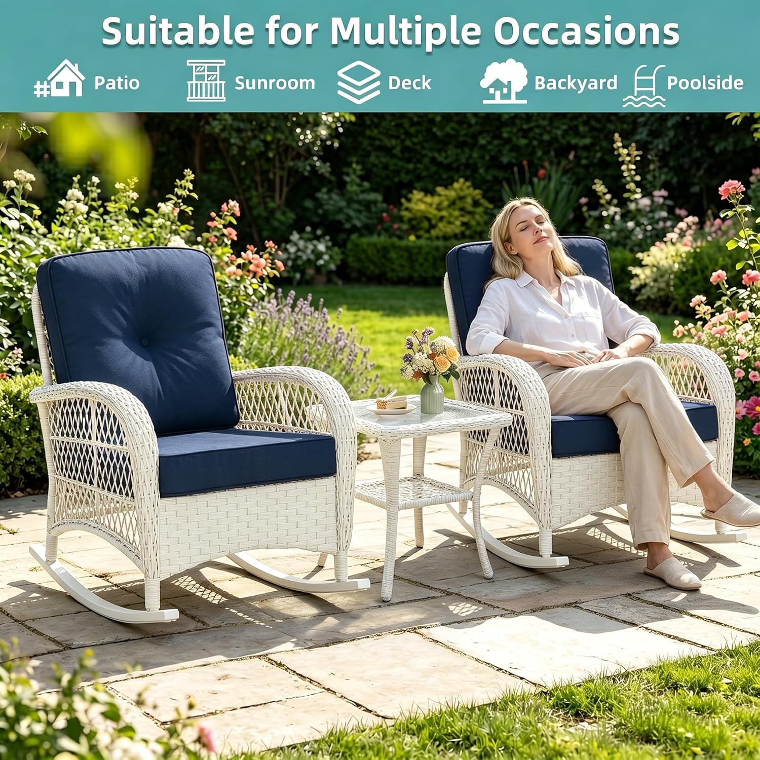 MEETWARM Outdoor Wicker Rocking Chairs Set of 2, Rattan Patio Rocker Chairs with Thick Cushions and High Back, All-Weather Patio Wicker Chair with Safe Rocking Design for Garden, Cream White/Navy