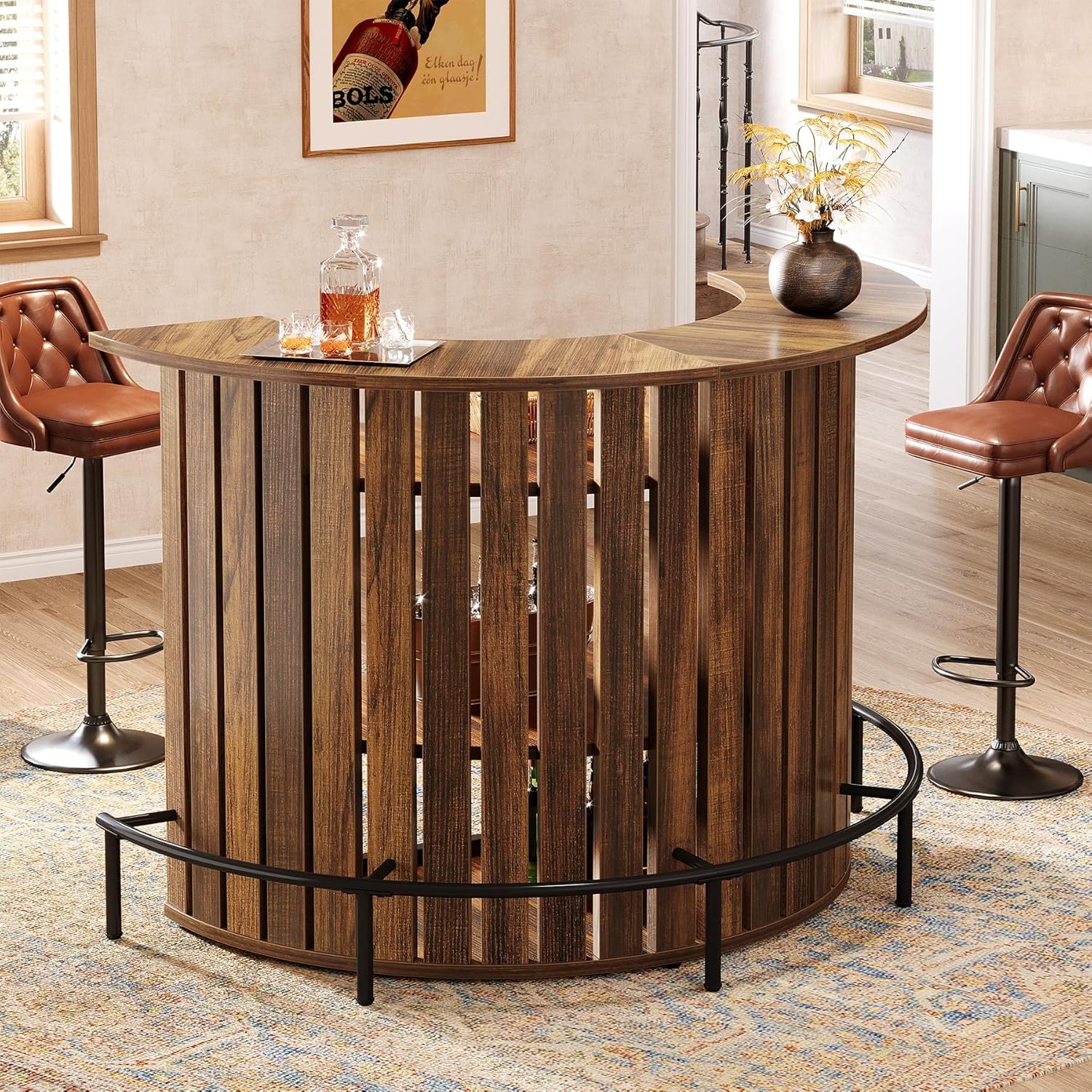Tribesigns 4-Tier Bar Table, 47.24" Mini Home Bar Table with Footrest, Arc-Shaped Modern Bar Cabinet for Home, Living Room, Rustic Brown
