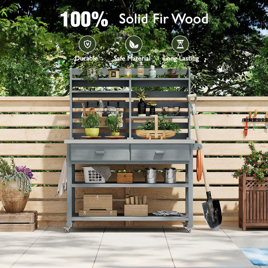 64.9" H Outdoor Potting Bench Table with Lockable Wheels, Solid Wood Outdoor Cabinet with Upper Hutch, Towel Rack,Outdoor Storage for Lawn Garden, Grey Blue