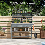 64.9" H Outdoor Potting Bench Table with Lockable Wheels, Solid Wood Outdoor Cabinet with Upper Hutch, Towel Rack,Outdoor Storage for Lawn Garden, Grey Blue