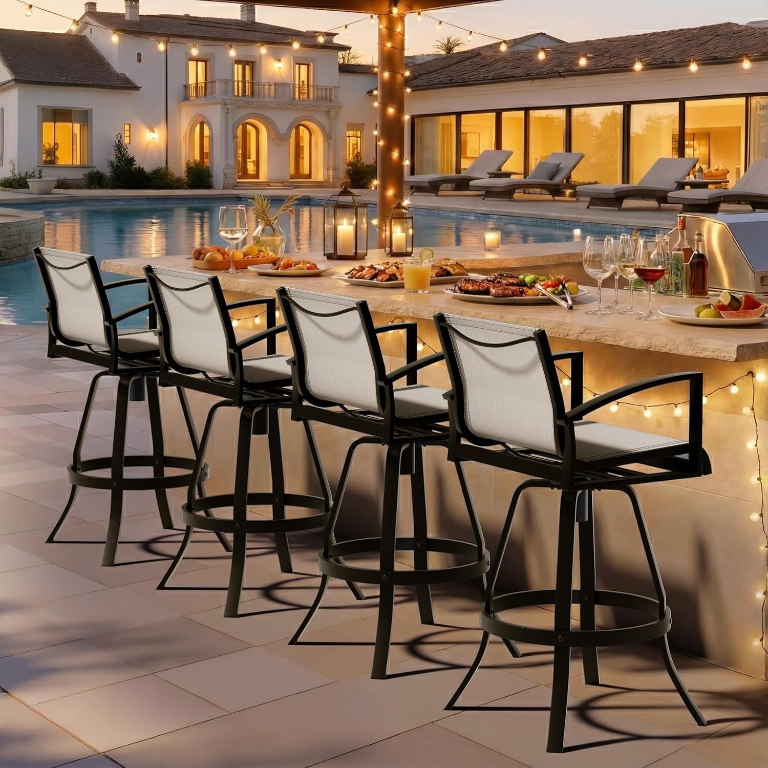 Pellebant 30" Aluminum Outdoor Bar Stools Set of 2, Sunbrella Swivel Patio Bar Height Bar Stools with Back & Footrest, Rust-Proof Patio Bar Stools for Deck Lawn Garden, White