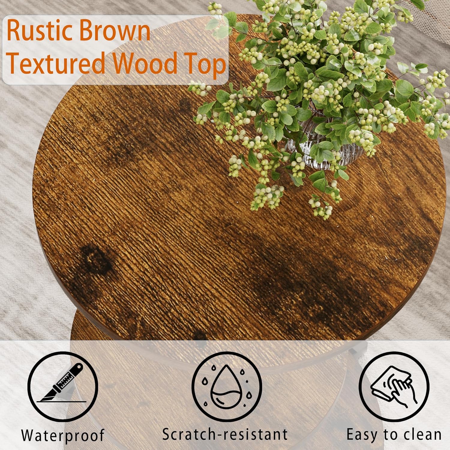 Small Side Table, 3-Tier Round End Table for Small Spaces, Vintage Accent Table for Living Room Sofa Couch Bedroom, 11.8" Corner Nightstand Wood Metal Coffee Table with Storage Shelf, Rustic Brown