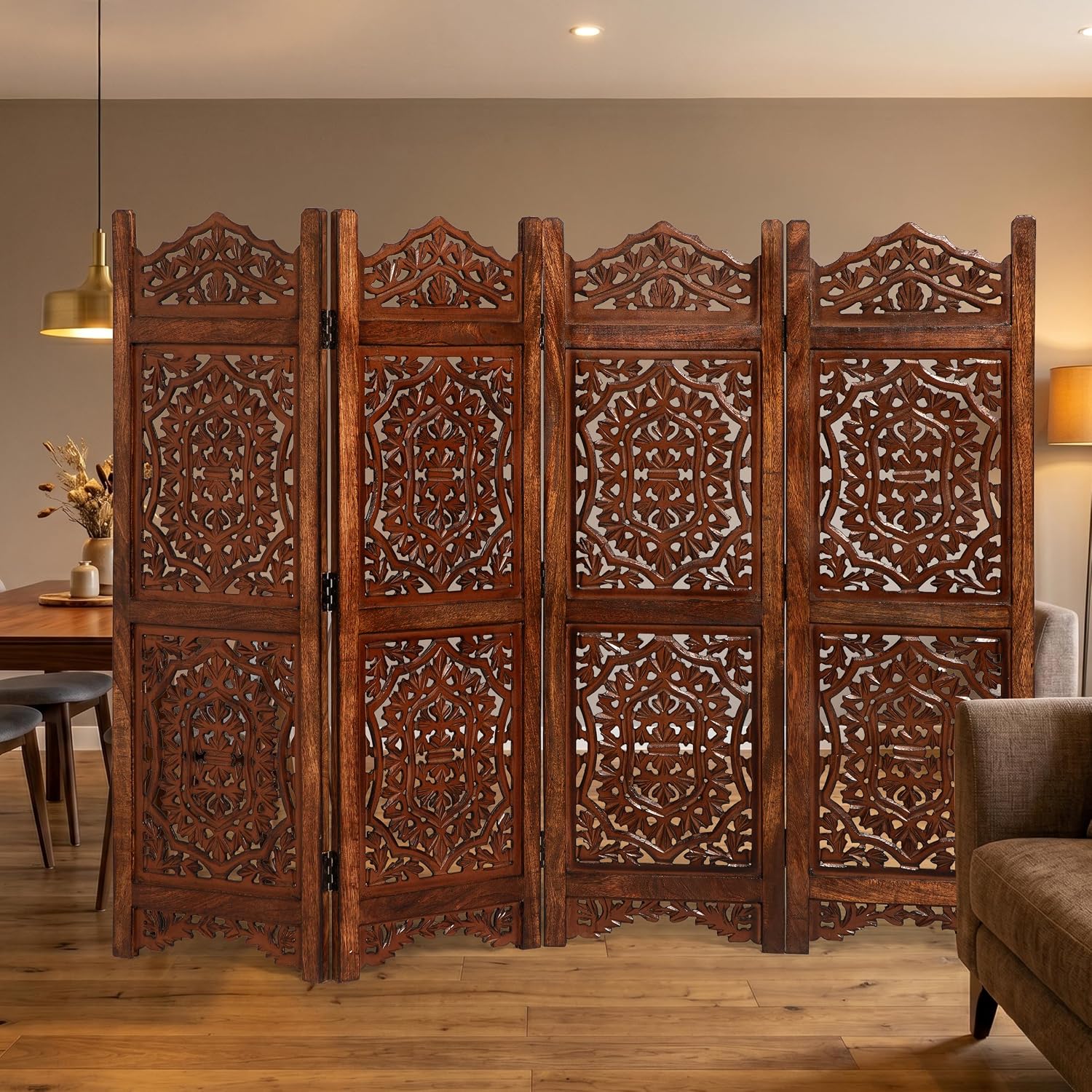 Lightnpro 4 Panel Royal Octagon Wooden Room Divider 64"(W) x 48"(H) Handmade Heart Design Partition, Intricately Carved, Hinged & Foldable, Pre-Assembled Privacy Screen Burnt Finish