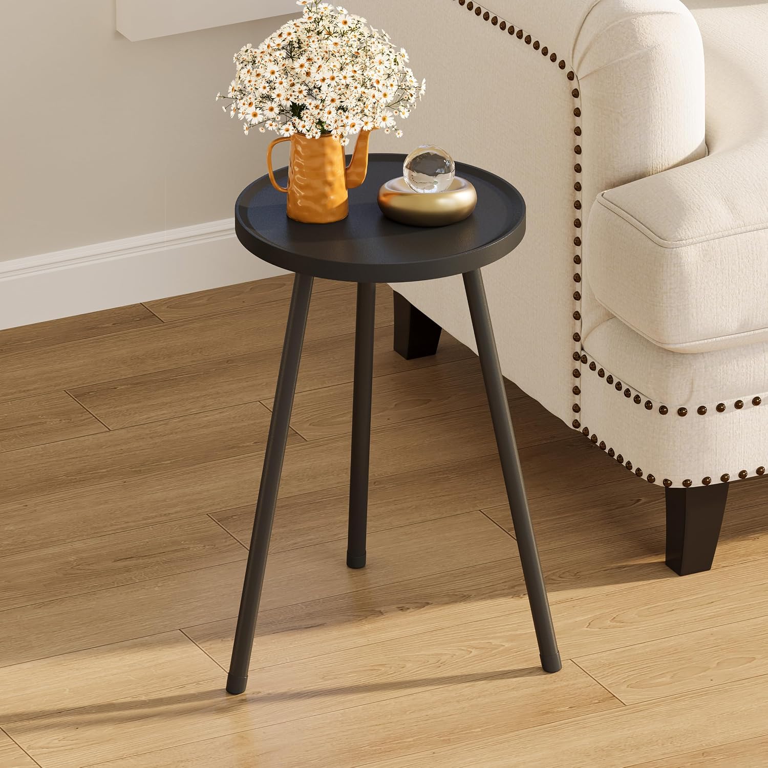 Small Couch Side Table, Drink Table, Mini Round End Table, Coffee Table, Snack Table for Small Spaces, Living Room, Bedroom, Sofa LET520BK