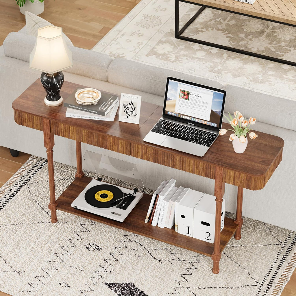 63'' Fluted Console Table with Drawers, Narrow Skinny Entryway Tables with Open Storage, Wooden Sofa Table Behind Couch, Foyer Accent Table for Living Room, Hallway, Entrance (Walnut)
