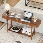 63'' Fluted Console Table with Drawers, Narrow Skinny Entryway Tables with Open Storage, Wooden Sofa Table Behind Couch, Foyer Accent Table for Living Room, Hallway, Entrance (Walnut)