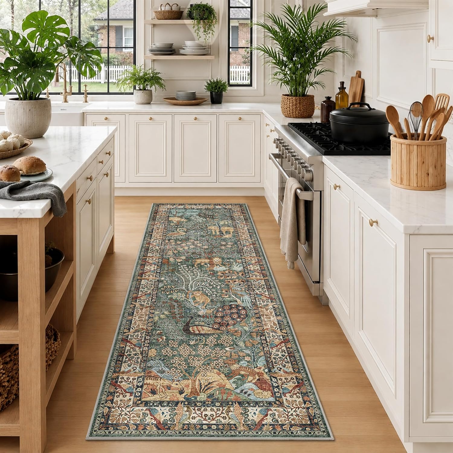 Runner Rug 2’6″x 8’ Animal Botanical Print Area Rug Vintage Kitchen Rugs Low Pile Non Slip Stain Resistant Hallway Runners Whimsical Long Carpets for Living Room Bedroom, Laundry Dorm, Green