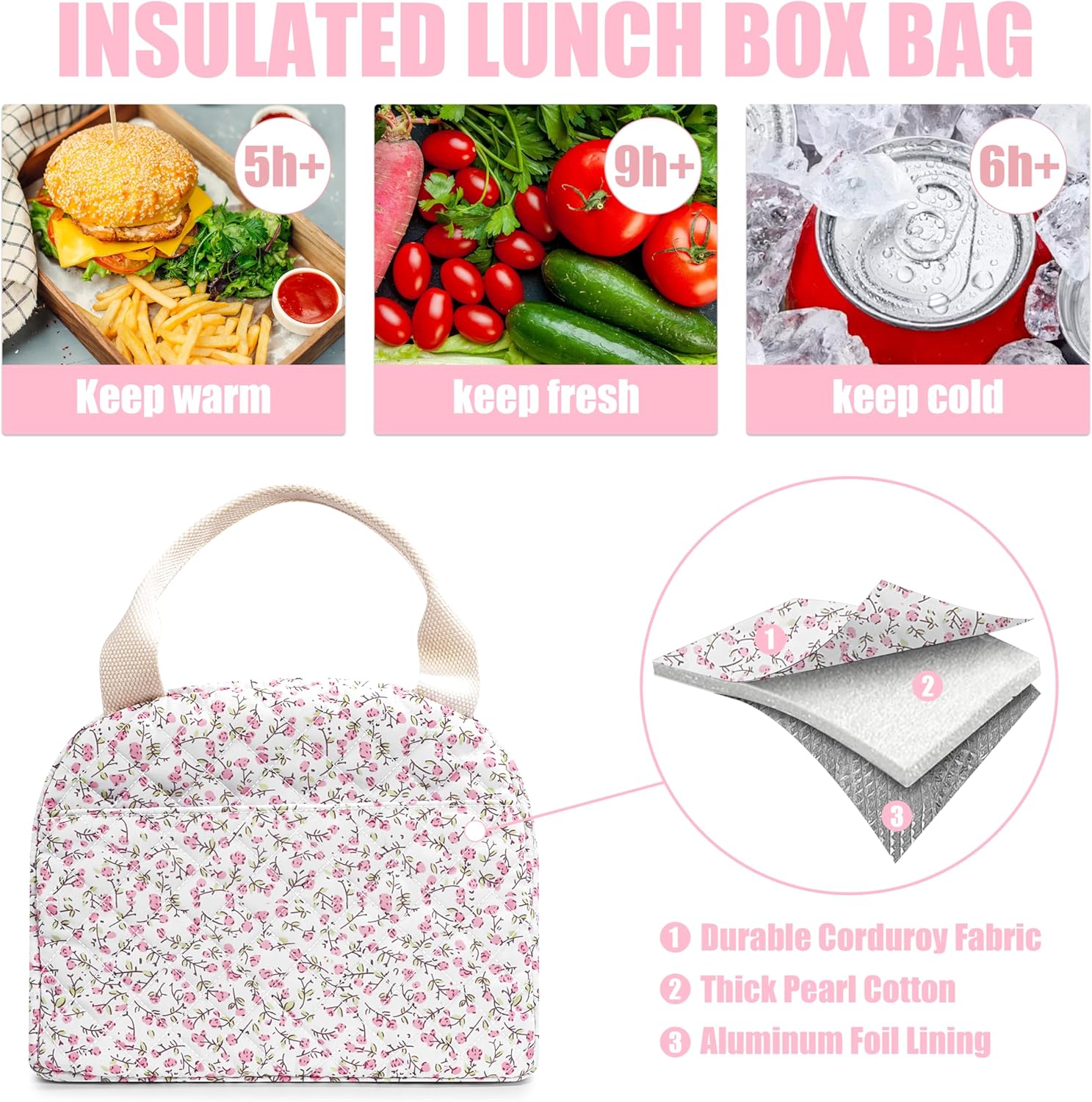 BuyCard Insulated Lunch Bag Women, Reusable Corduroy Cute Lunch Box, Leakproof Floral Lunch Tote Bag with Large Capacity, Small Cooler Lunch Container for Work Office Travel Picnic (Pink Floral)