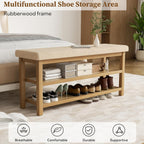 2 Tier Shoe Rack Bench with Cushion, Rubberwood Shoe Benches, Mid-Century Modern Shoe Storage Bench for Entryway, Hallway, Living Room, Closet, Front Door Entrance, Light Brown