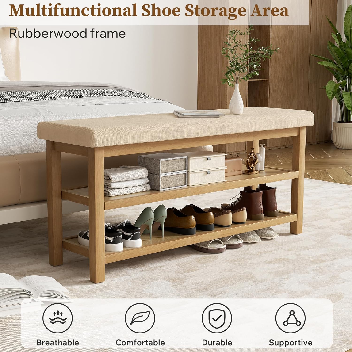 2 Tier Shoe Rack Bench with Cushion, Rubberwood Shoe Benches, Mid-Century Modern Shoe Storage Bench for Entryway, Hallway, Living Room, Closet, Front Door Entrance, Light Brown