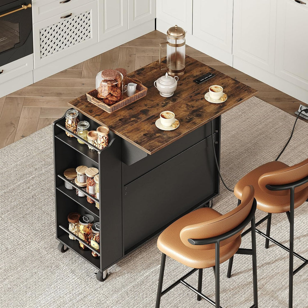 RALGEND Kitchen Island with Power Outlets & Drop Leaf, Rolling Kitchen Cart on Wheels, Kitchen Storage Island with Spice Rack and Drawer for Kitchen, Dinning Room, Black and Rustic Brown
