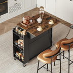 RALGEND Kitchen Island with Power Outlets & Drop Leaf, Rolling Kitchen Cart on Wheels, Kitchen Storage Island with Spice Rack and Drawer for Kitchen, Dinning Room, Black and Rustic Brown