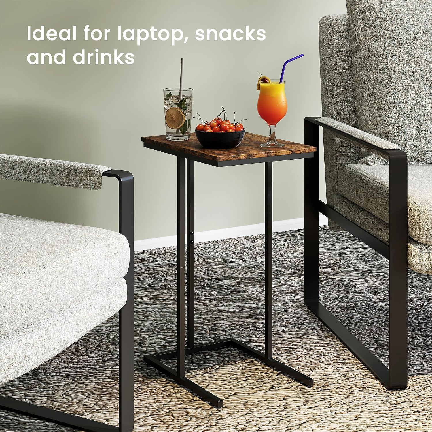 Manora Set of 2 C Shaped Side Tables for Living Room, Industrial End Table Sofa Table, Rustic Wood Look Laptop Snack Table, Small Couch Table for Bedroom, Rustic Brown