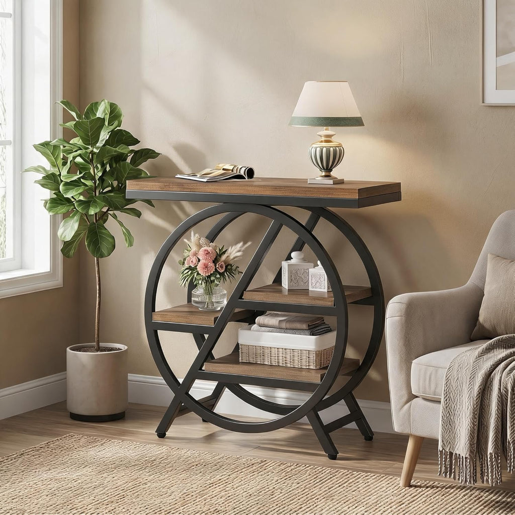 Tribesigns Side Table for Living Room, 4-Tier Narrow End Table with Storage, Industrial Wooden Beside Tables with Geometric Metal Frame, Nightstand for Small Spaces, Bedroom, Rustic Brown