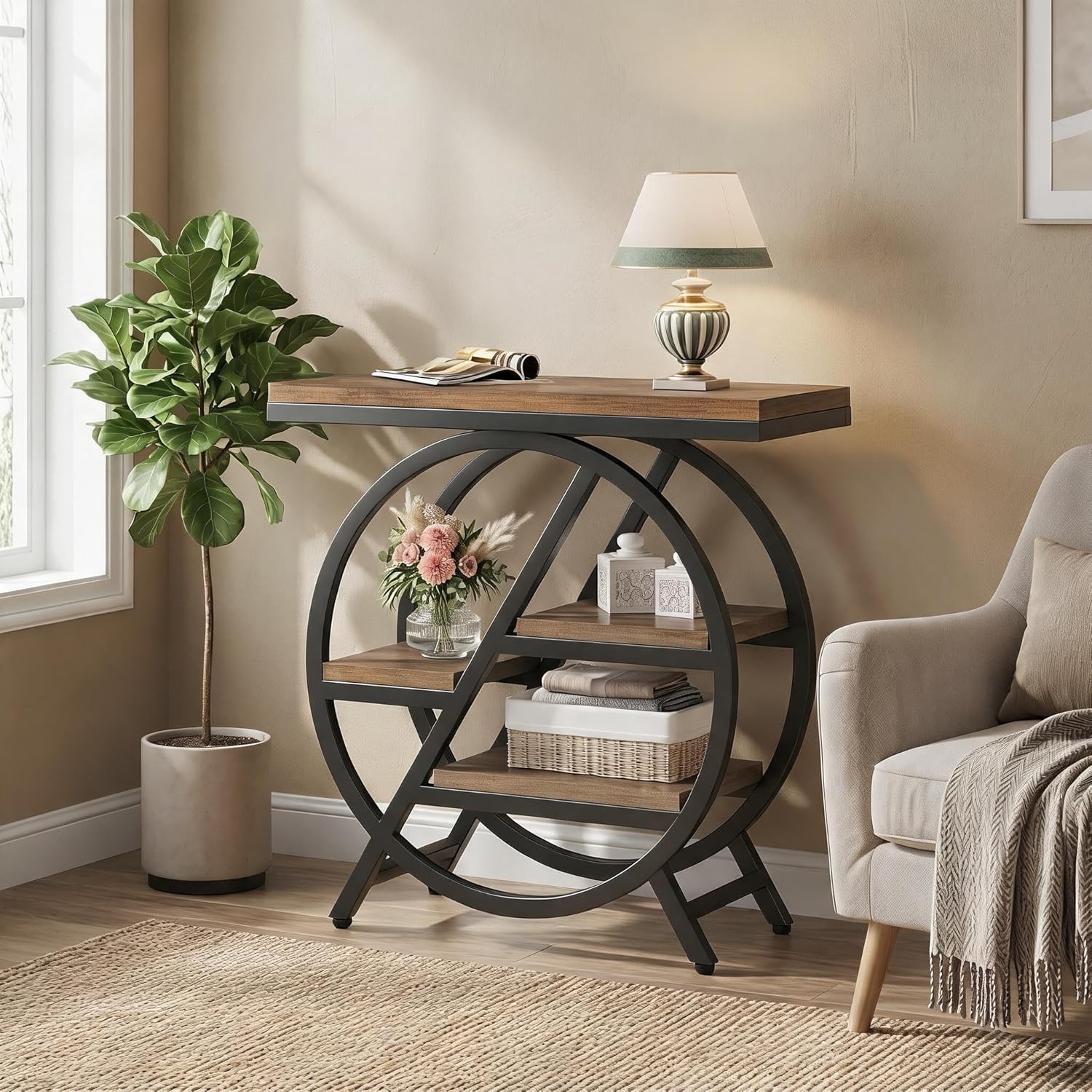 Tribesigns Side Table for Living Room, 4-Tier Narrow End Table with Storage, Industrial Wooden Beside Tables with Geometric Metal Frame, Nightstand for Small Spaces, Bedroom, Rustic Brown