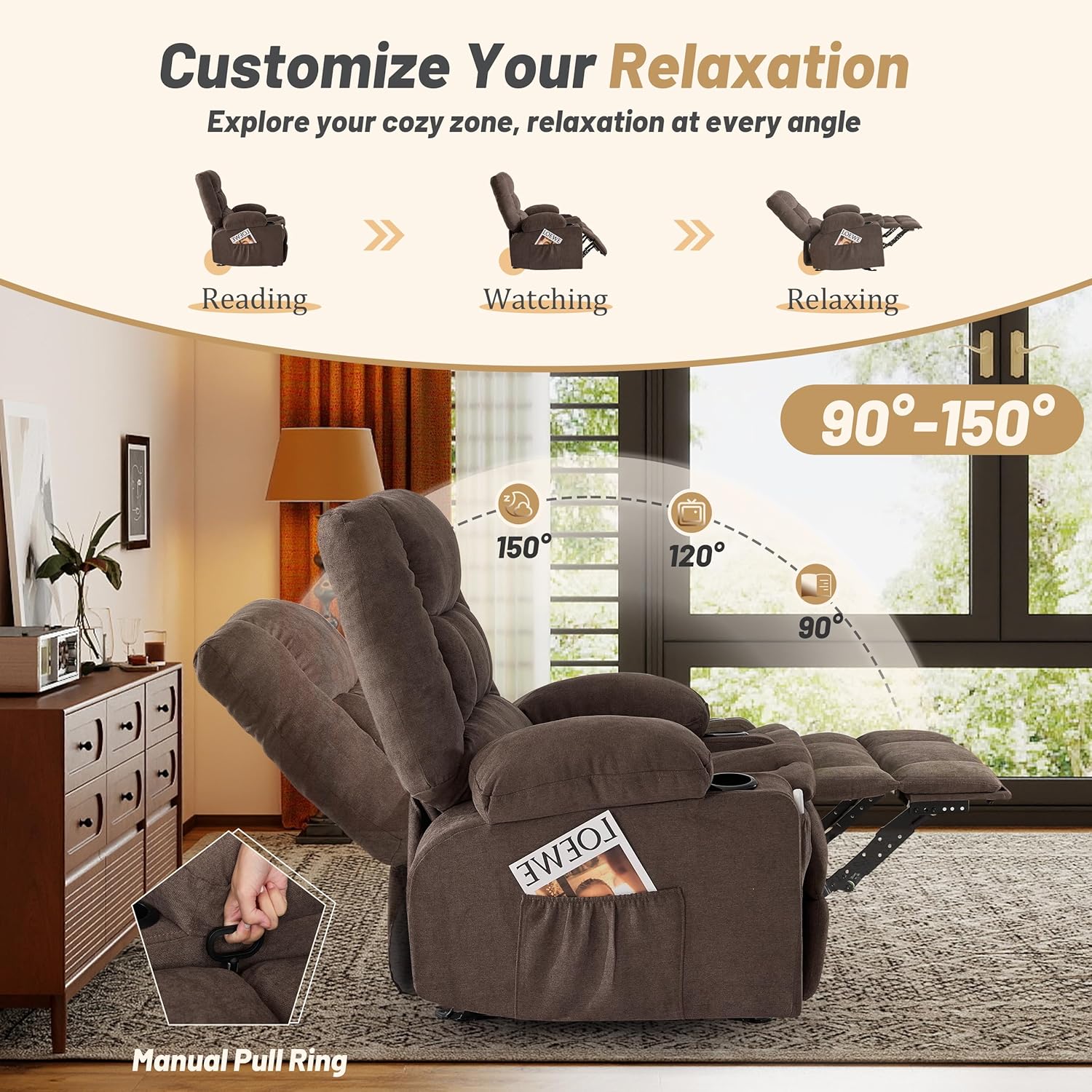 Rocker Recliner Chair with Massage and Heat, Nursery Rocking Chairs for Living Room, Ergonomic Comfy Relining Chair with Cup Holders, USB Charge Port, Side Pockets, Comfortable Arms, Brown