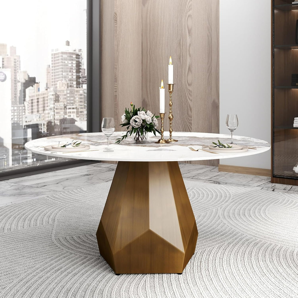 59.05" Round Marble Dining Table with Metal Base, Artificial Marble for 6-8 People, Dining Room/Living Room Kitchen Dining Table