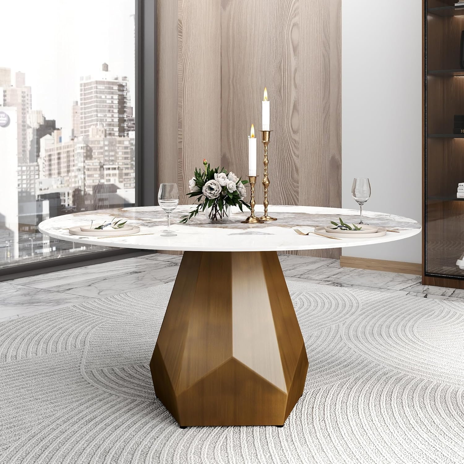 59.05" Round Marble Dining Table with Metal Base, Artificial Marble for 6-8 People, Dining Room/Living Room Kitchen Dining Table