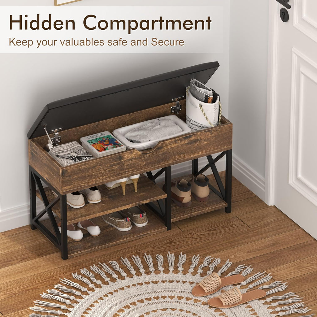 Shoe Rack Bench with Lift Top Hidden Storage, Mid-Century Modern Entryway Bench with Shoe Storage Leather Cushion, Adjustable Shelf, Wood Shoe Organizer for Bedroom, Living Room, Closet, Brown
