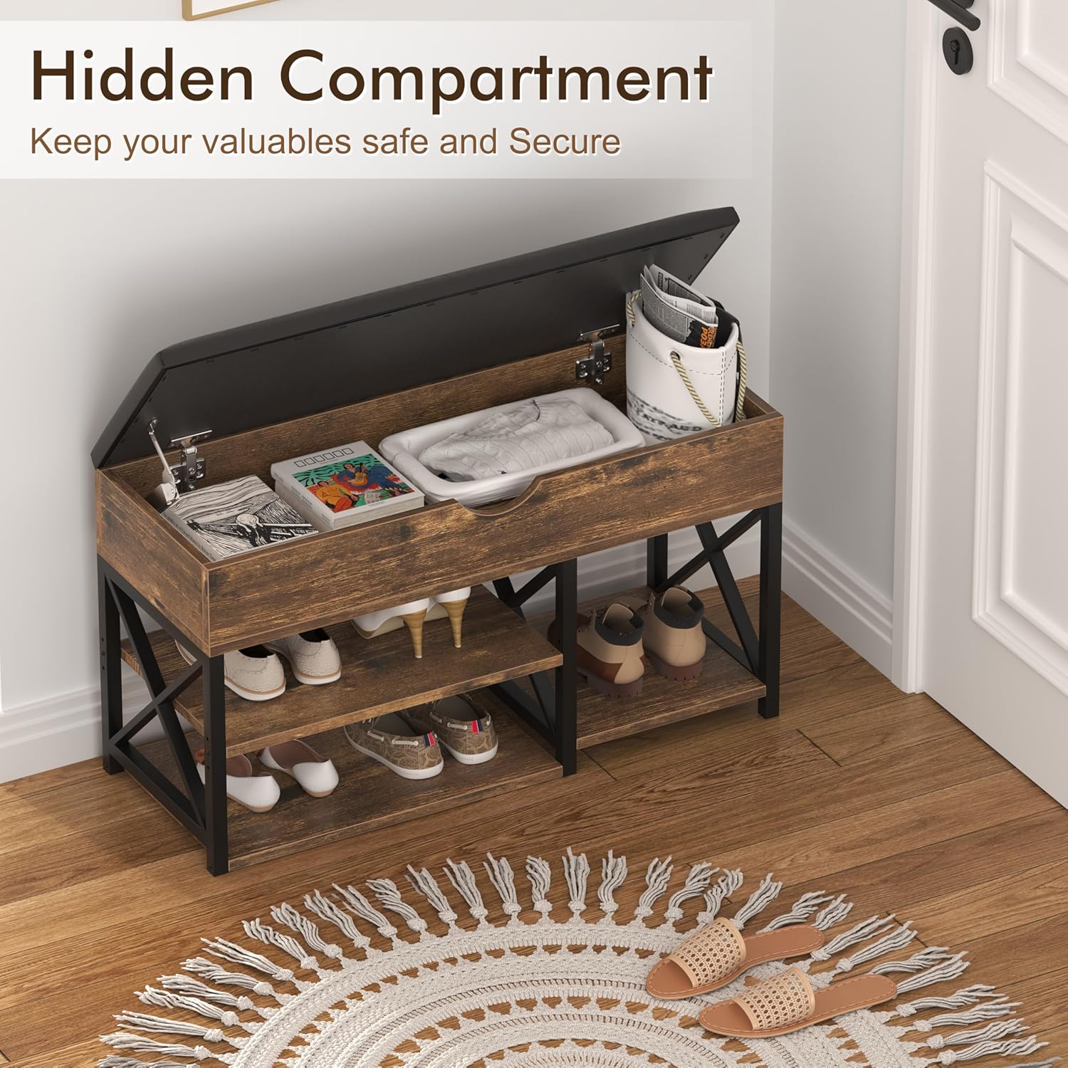 Shoe Rack Bench with Lift Top Hidden Storage, Mid-Century Modern Entryway Bench with Shoe Storage Leather Cushion, Adjustable Shelf, Wood Shoe Organizer for Bedroom, Living Room, Closet, Brown