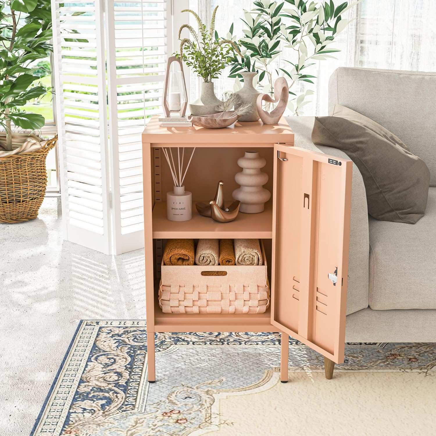 Single door End Table 2 Tier Narrow Side Table with Metal Frame Multifunctional Home Table Easy to Assemble Adjustable partitions Single Door Coffee Table Pink Size: 27.55”H X 13.78”W X 14.96”D
