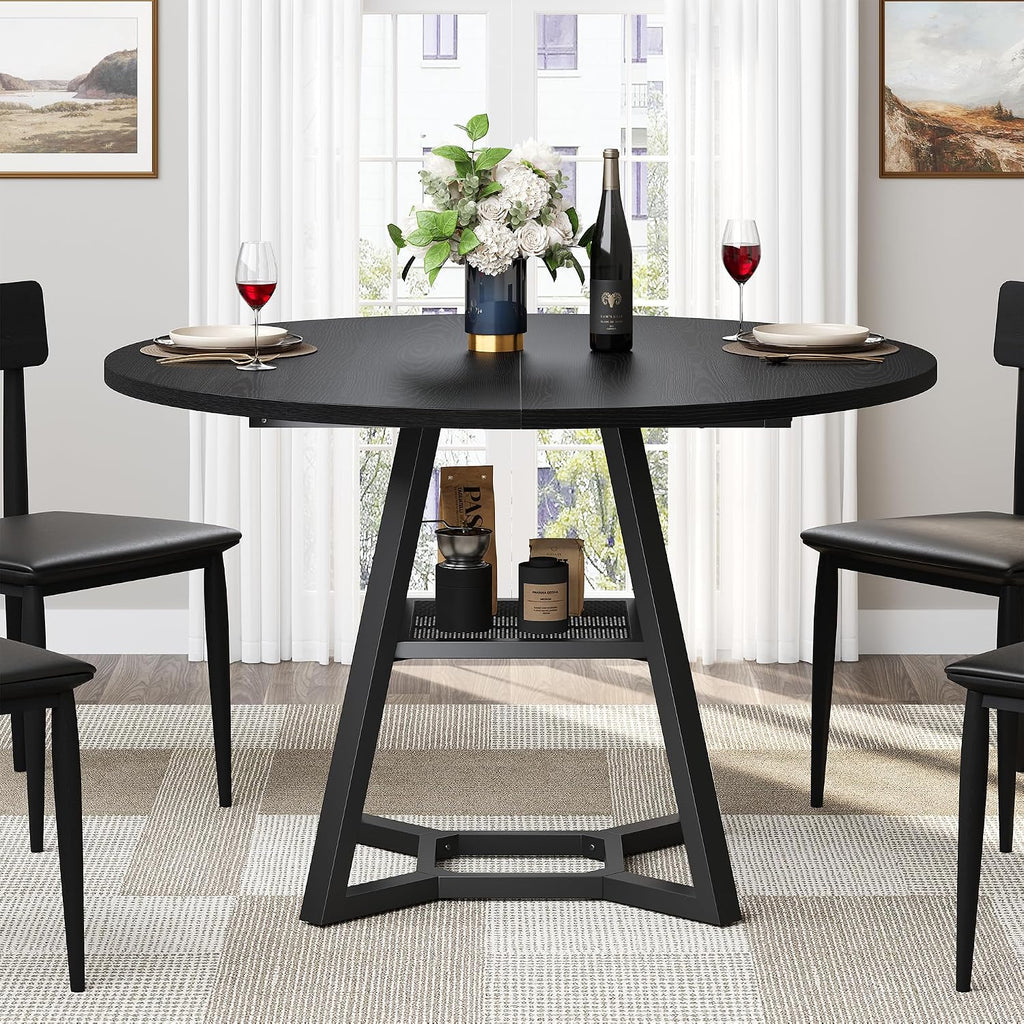 knoworld 47" Round Dining Table for 4, Kitchen Tables Dining Room Circle Dinner Table with Pedestal Metal Frame, Space Saving Wood Industrial Kitchen & Dining Room Tables, Black 47In