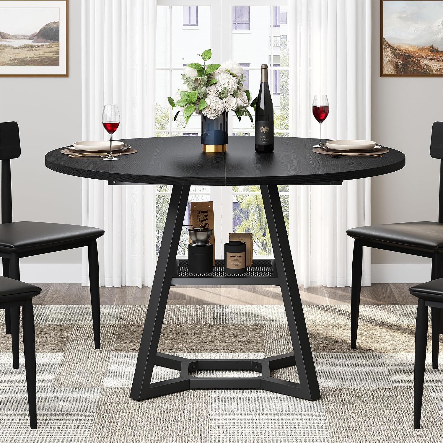 knoworld Round Dining Table for 4, Kitchen Tables Dining Room Circle Dinner Table with Pedestal Metal Frame, Space Saving Wood Industrial Kitchen & Dining Room Tables, Black 43In