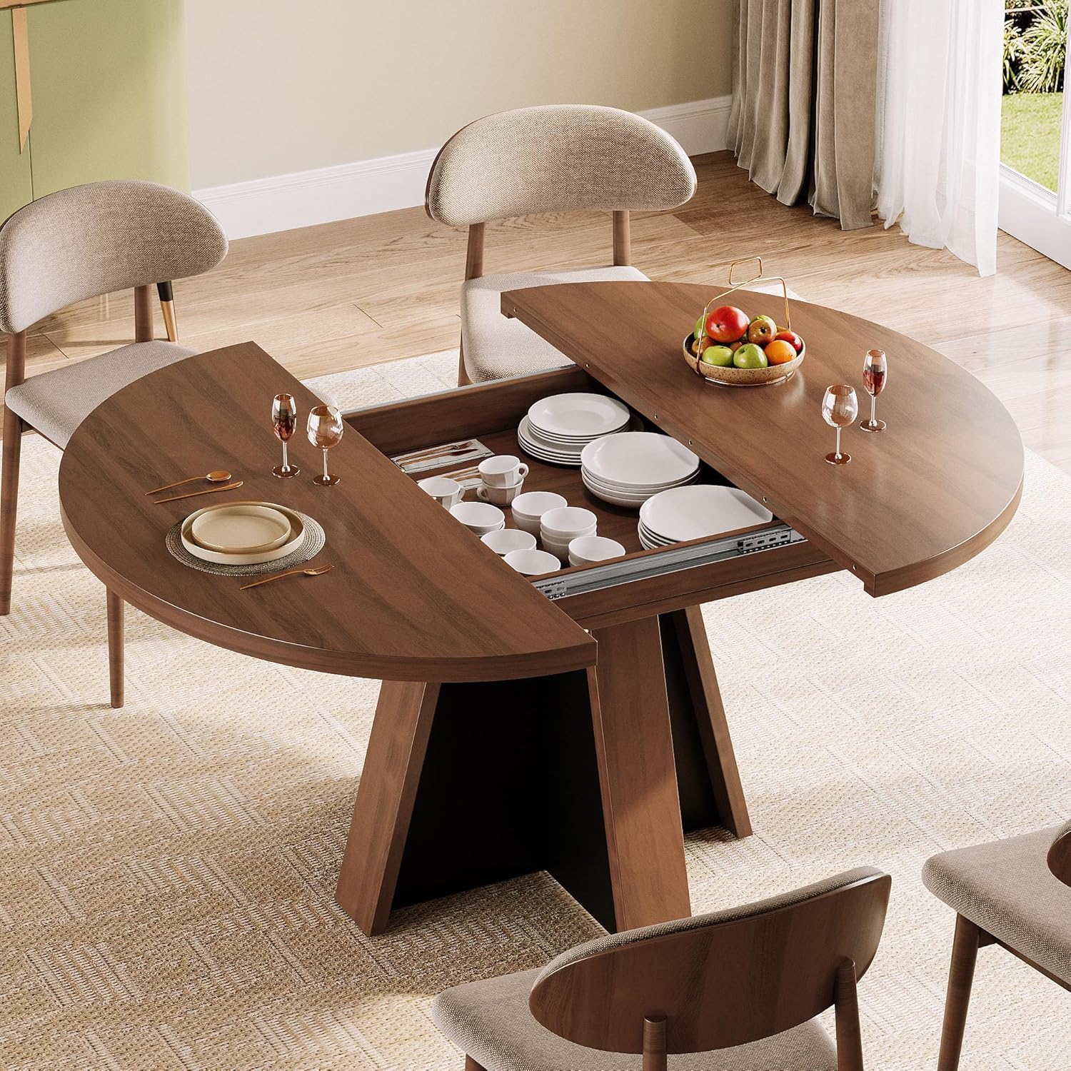 iPormis 43.3in-59in Extendable Round Dining Table for 4-6, Modern Wooden Kitchen Table for Dining Room, Adjustable Size Oval Circle Dinner Tables Furniture for Kitchen Living Room, Walnut Brown