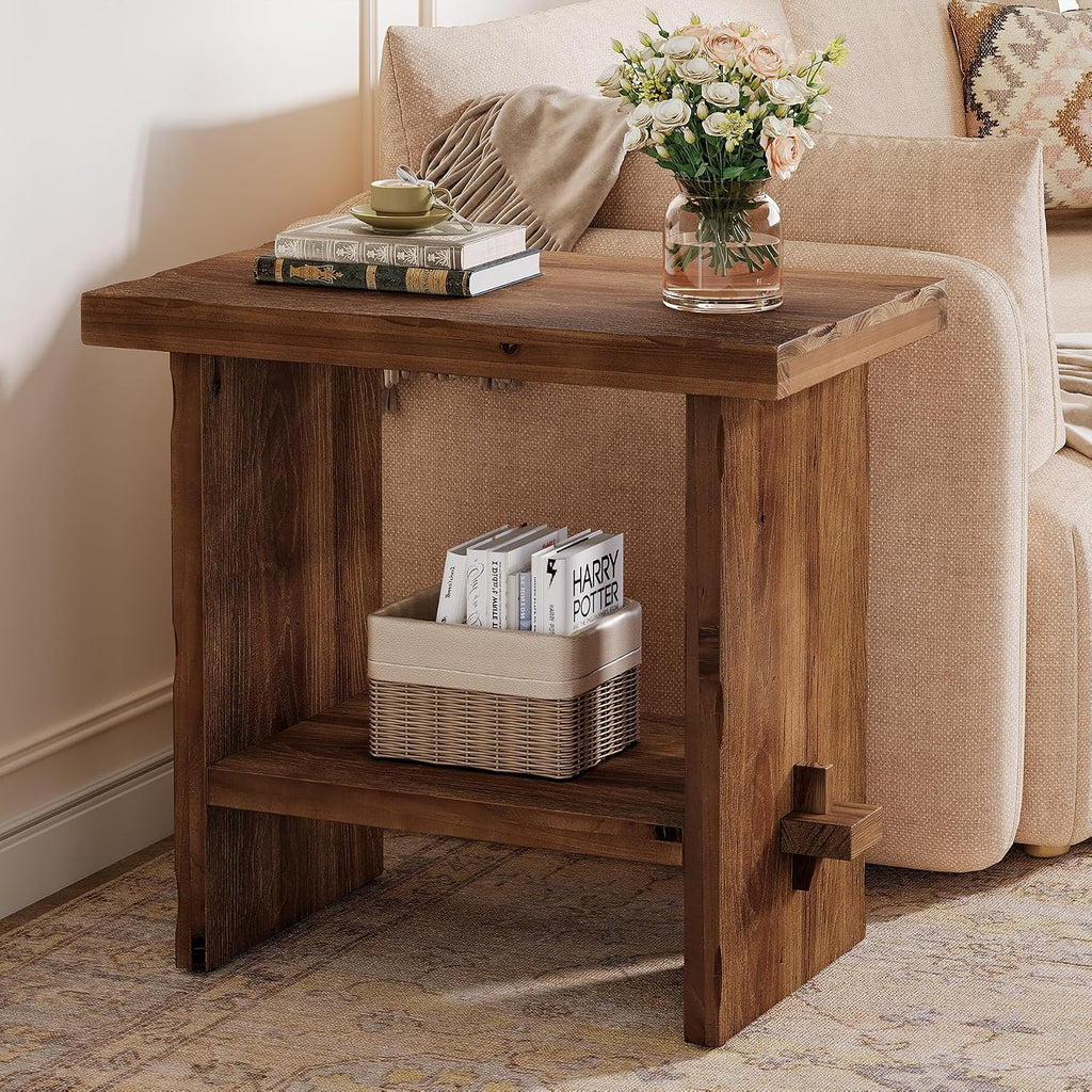 Solid Wood Side Table, 2-Tier End Table with Solid Base, Accent Furniture Bedside Nightstand Storage for Living Room and Bedroom, Small Spaces, Assembly Required