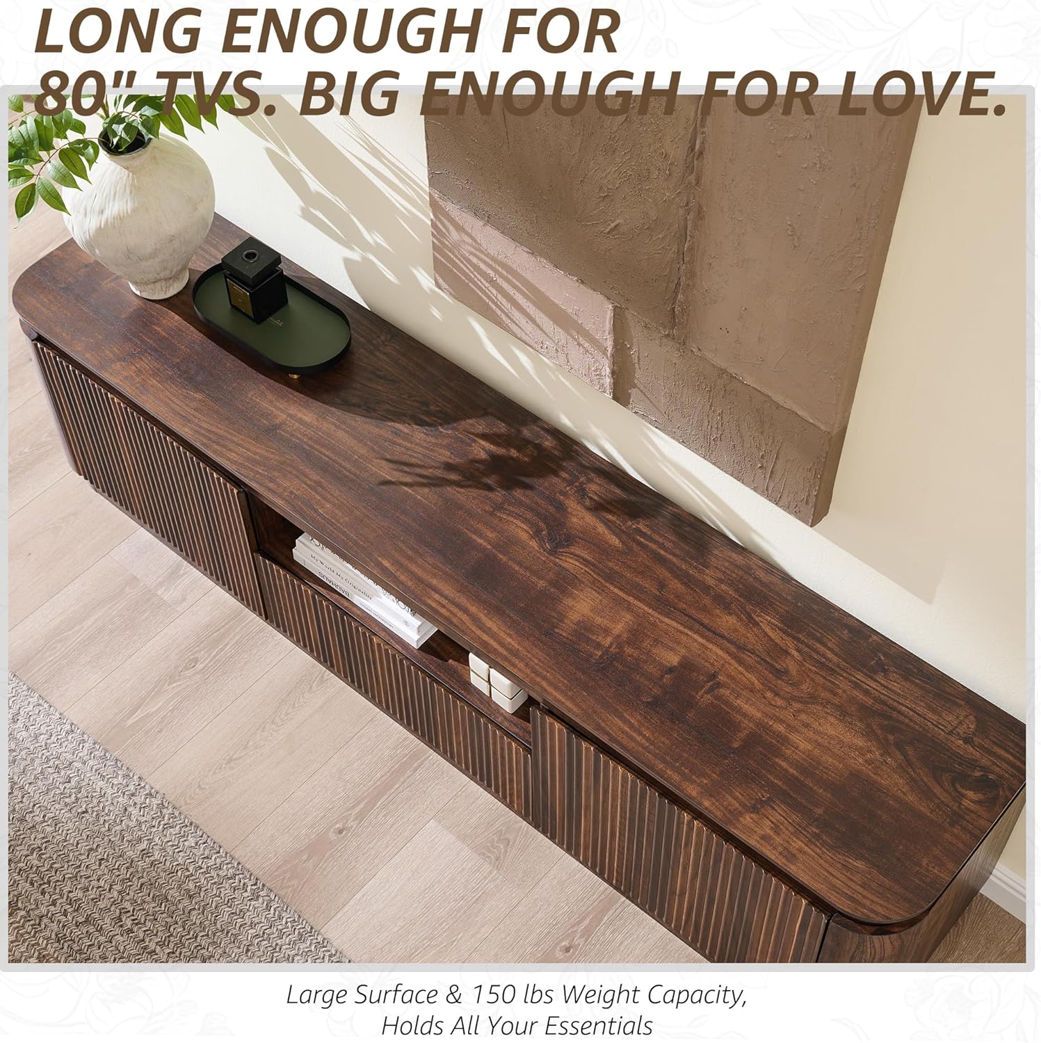 70" Fluted TV Stand for TVs Up to 80", Mid Century Modern Entertainment Center with Drawer, Storage Cabinet, Open Shelf, Wood Low Profile Media TV Console for Livingroom, Dark Walnut