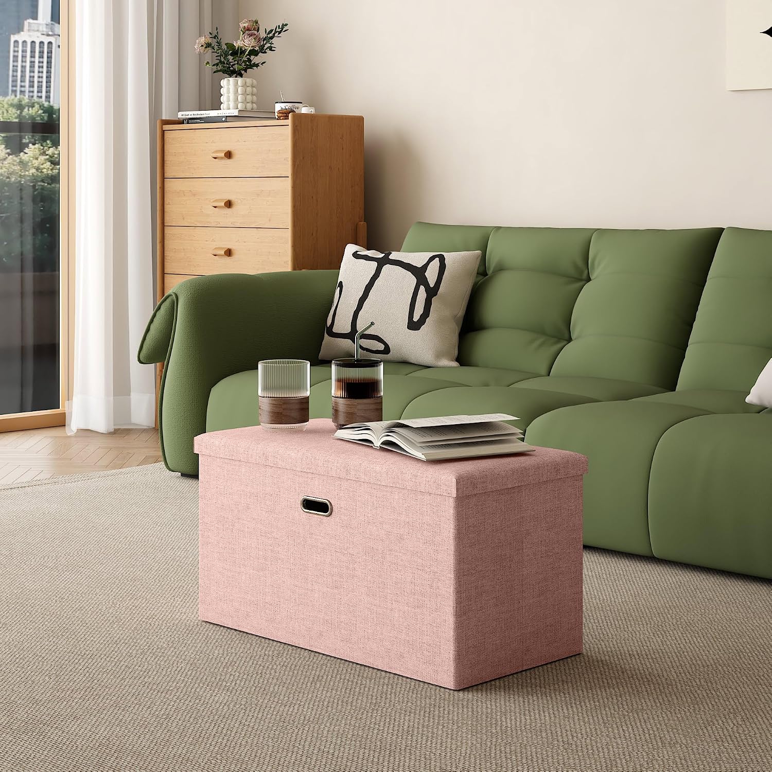 VECELO 30'' Folding Storage Ottoman Bench, End of Bed Linen Fabric Foot Rest Stool with Padded Seat, Large Footstools for Bedroom, Living Room, Load 550 lb, Pink
