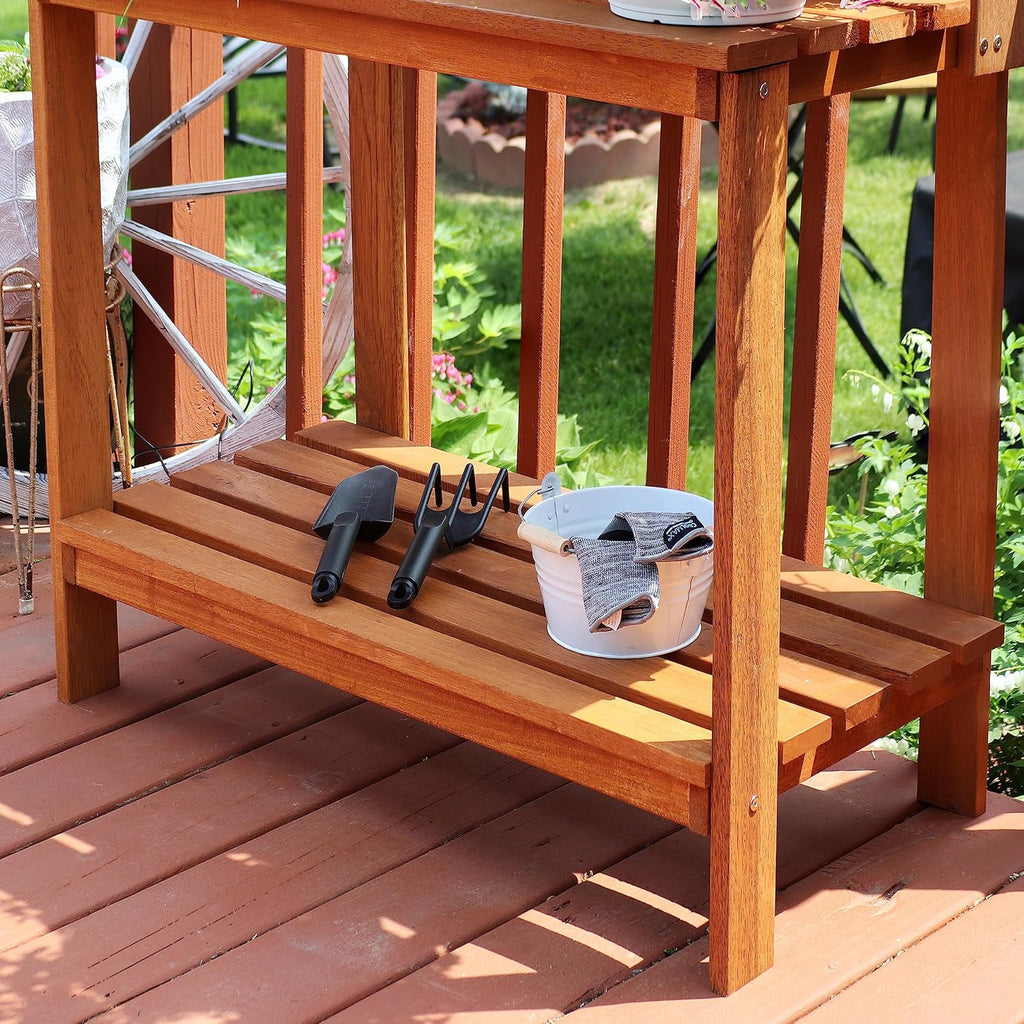 Sunnydaze 42-Inch Meranti Wood Outdoor Potting Bench with Storage Shelf - Teak Oil Finish