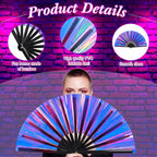 FairySandy Large Rave Fan UV Glow Clack Summer Hand Fan with Thigh Holster for Women Carnival Party Supplies for Carnival Edm Music Festival Club Accessories(Purple Laser,Laser Color)