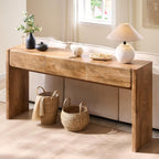 OKD 63'' Console Table with 3 Drawers, Farmhouse Entryway Table with Rounded Corners, Console Table Behind Couch for Living Room/Hallway-Light Knotty Oak