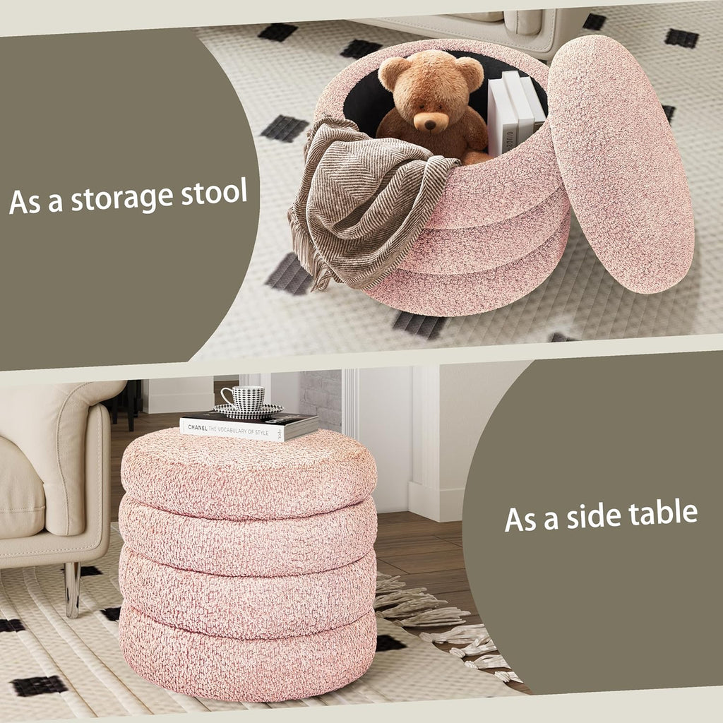 allamazing Storage Ottoman, Round Ottoman with Storage, Vanity Stool Foot Rest with Removable Lid, Round Boucle Upholstered for Living Room Pouf Footstool (Pink)