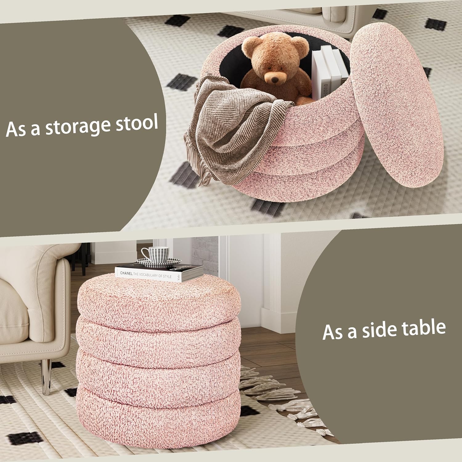 allamazing Storage Ottoman, Round Ottoman with Storage, Vanity Stool Foot Rest with Removable Lid, Round Boucle Upholstered for Living Room Pouf Footstool (Pink)