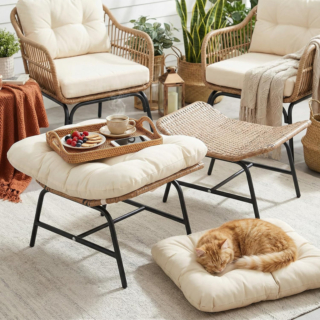 RADIATA Ottoman Set of 2 for Patio, Cushioned Wicker Footstool Ottomans, Rattan Foot Rest for Outdoor Chair Egg Chair, 2-in-1 Foot Stool for Living Room Bedroom Porch Deck Garden Balcony, Beige