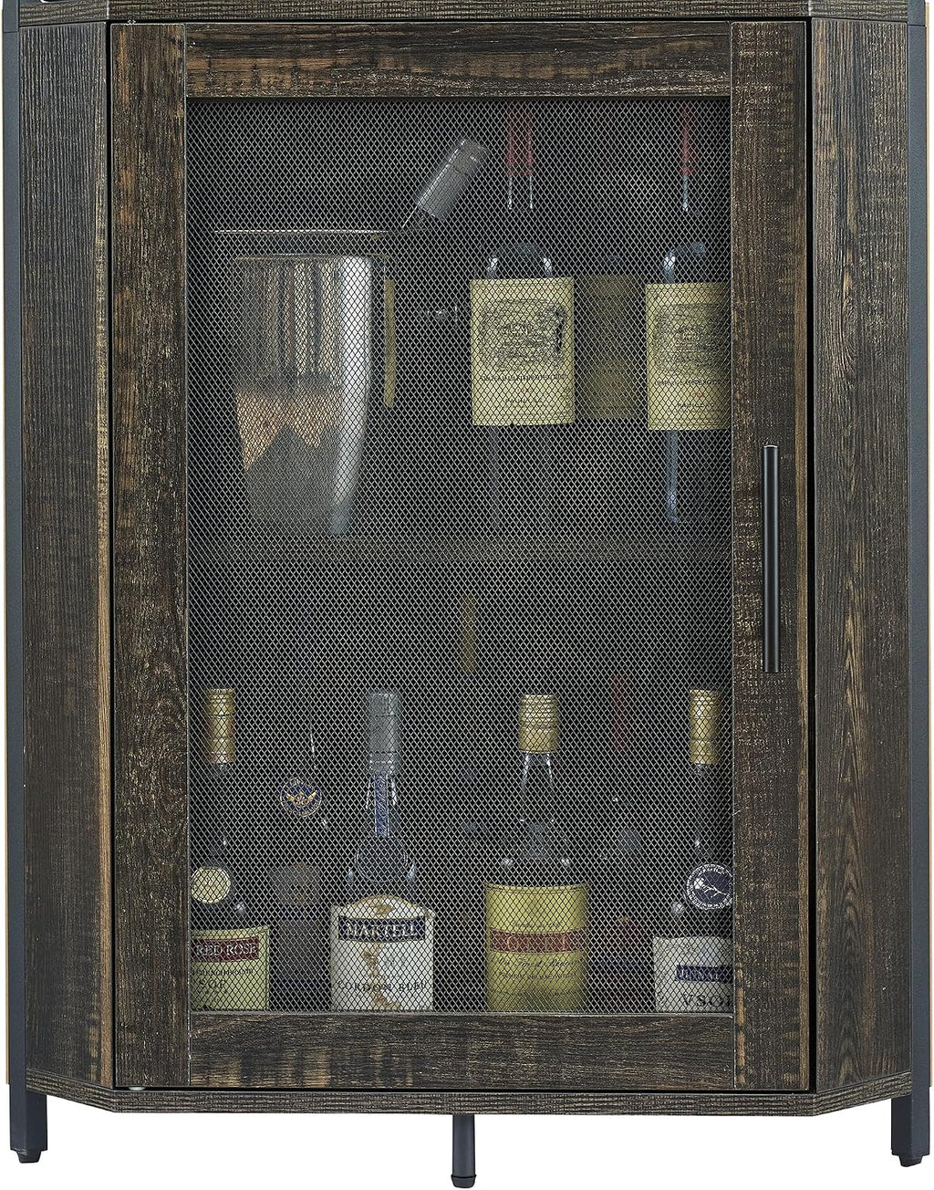 Corner Wine Bar Rack Cabinet with Detachable Wine Rack, Bar Cabinet with Glass Holder, Small Sideboard and Buffet Cabinet with Mesh Door (Dark Rustic Oak)