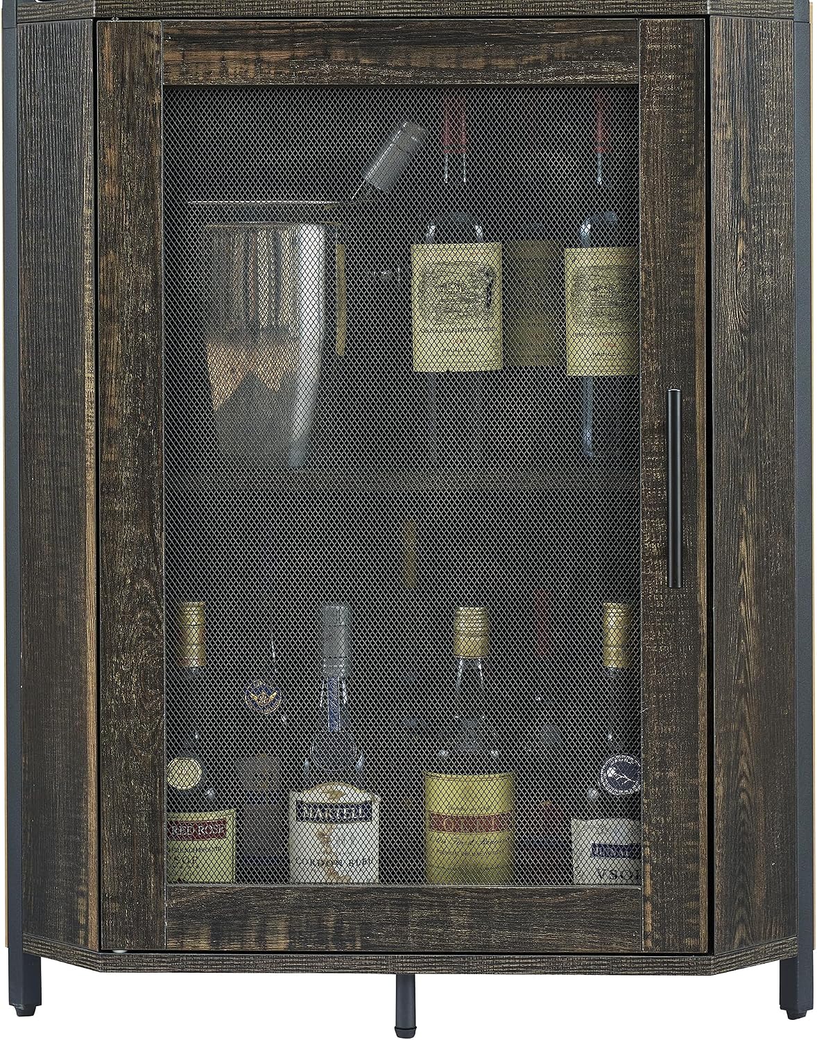Corner Wine Bar Rack Cabinet with Detachable Wine Rack, Bar Cabinet with Glass Holder, Small Sideboard and Buffet Cabinet with Mesh Door (Dark Rustic Oak)