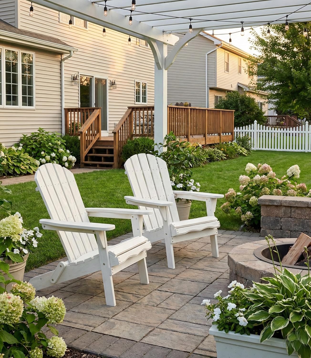 WILLIAMSPACE Adirondack Chairs Set of 2, Solid Wood Outdoor Folding Embossed Adirondack Chair Oversized Wooden Lounge Patio Chair for Garden, Poolside, Backyard, Beach, Easy Assembled (White)