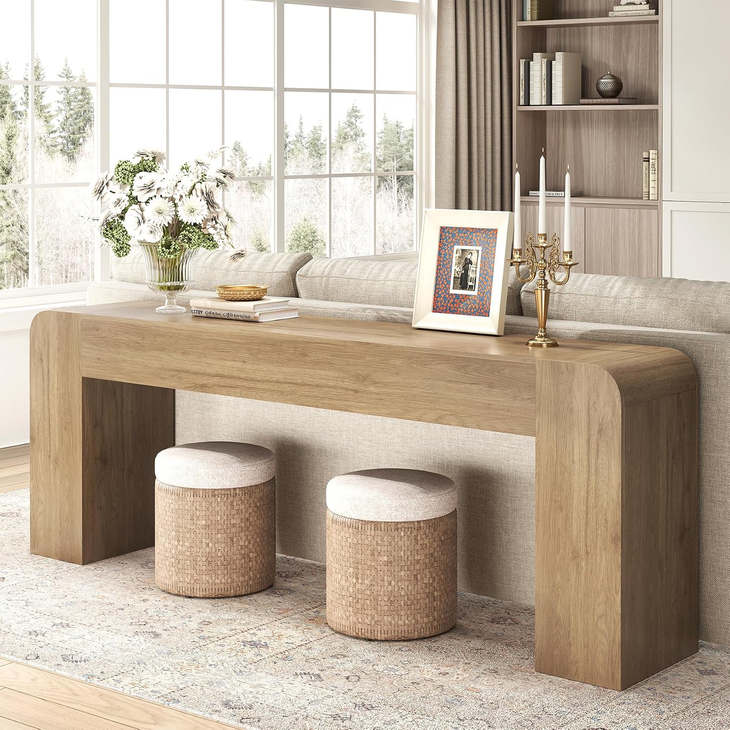 82.75" Extra Long Console Table for Entryway, Farmhouse Rounded-Edge Entryway Table, U-Shaped Foyer Table Sofa Table for Living Room Hallway Entrance, Rustic Brown