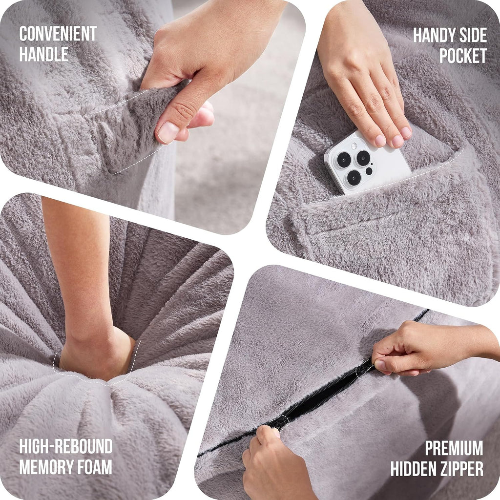 Hobestluk 3ft Bean Bag Chairs for Adults Large Beanbag Chair with Plush Faux Fur Cover Big Bean Bag Chair for Living Room Bedroom Dorm Office - Grey (36” x 36” x 22”)